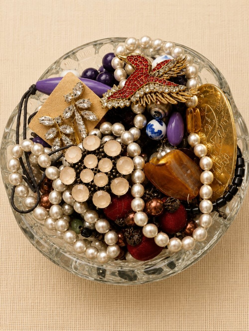 Mixed Costume Jewelry Lot with Pearls & Red Crystal Bird Accent